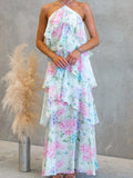 MQTIME  -  Holiday Patchwork Print Fashion Maxi Dress Women Summer Sleeveless Chic Party Dress  Halter Lace-Up Ladies Dress Vestidos