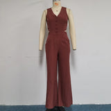 MQTIME  -  Women Jumpsuit Summer Casual Solid V Neck Button Cutout Sleeveless Slim Loose Wide Legs Pants Romper High Streetwear