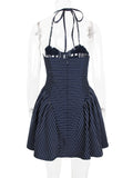 MQTIME  -  Navy Blue Striped Halter Mini Dress For Women Sexy Sleeveless A-line Mini Summer Party Swing Dresses High Street Robe D474