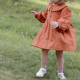  MQTIME  -  Autumn Girls Doll Collar Cotton Linen Dress New Chic Retro Loose Long-Sleeved Baby Girl Casual Party Dresses