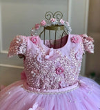 MQTIME  -  White Green Flower Girl Dress For Wedding Applique Tulle Short Sleeve Pearl Princess Kids Birthday First Communion Ball Gown