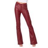 MQTIME  -  Women PU Leather Long Pants Solid Color High Waist Bell Bottom Trousers for Party Fashion Streetwear