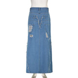 MQTIME  - Tassel Hole Denim Maxi Skirts Women High Waist Button Fly Split Ripped Long Jeans Skirt Fashion Casual Streetwear Bottoms