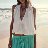 MQTIME  -  Women Halter Neck Tie Open Back Sleeveless Bubble Tank Top Y2k Deep V Neck Low Cut Backless Boho Sexy Camisole Blouse
