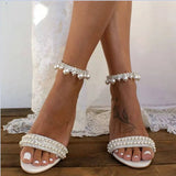 MQTIME  -  New Block Heel Sandals Summer Wedding White Mid Heel Pearl String Open Toe Plus Size Strappy Sandals