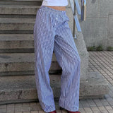 MQTIME  -  Womens Casual Cleanfit Striped Pants Elastic Low Waist Striped/Plaid Loose Aesthetic Trousers Streetwear with Pockets