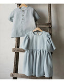  MQTIME  -  Summer Retro Linen Loose Flared Sleeve Dress Girls New Solid Color Cotton And Linen Casual Back Bow Tie Princess Dresses
