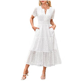 MQTIME  -  Summer New Women Short Sleeved Long Dress Trendy V-Neck Hollow Eyelets Ruffle Hem A-Line Dresses Pockets Female Vestidos