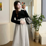 Mqtime 2025 French Style Pregnant Women Elegant Dress Plus Size Long Sleeve O-Neck High Waist Maternity A-Line Dress Long Loose Clothes