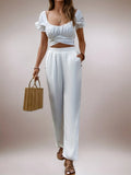 MQTIME  -  White Elegant Wide Leg Pants Women's Loose Casual Cotton Drawstring Trousers Comfortable All-Match High Waist Versatile Fashion