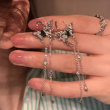 Mqtime New Green Zircon Silver Color Butterfly Long Tassel Earrings for Women Fashionable Daily Accessory Party Jewelry Birthday Gifts
