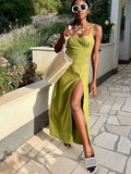 MQTIME  -  Square Neck Green Sling Long Dresses Women Elegant Front Split Sleeveless Sexy Dress Female Summer Vintage Holiday Robes