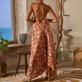 MQTIME  -  Vintage Pattern Print Loose Irregular Long Dress Women Spring V Neck Halter Boho Maxi Dress Summer Backless Vacation Beach Dress