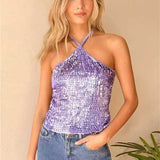 MQTIME  -  Solid Sexy Halter Sleeveless Sequins Tank Tops Stylish Cocktail Backless Slim Tops Ladies 2025 Summer Party New Glitter Camisole
