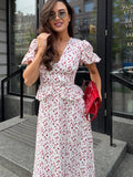 MQTIME  -  Floral Ruffles Patchwork Maxi Dress Women Summer V-neck Puff Sleeve High Waist Fashion Robes Lady Elegant Prty Long Drsss 2025