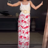 MQTIME  -  Spring Summer Suspender Long Dresses Fashion Contrast Print Bohemian Vacation Dress Sexy U Neck Swing Evening Dress Vestido
