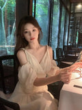 MQTIME  -  Girl Soft Summer Elegance V-Neck White Strap Floor-length Dress Long Over Knee White Skirt Waist Closed Off Shoulder Fairy Dress