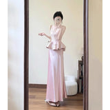 MQTIME  -  Elegant Temperament Luxury O Neck Sleeve Slim Waist Pleated Edge Shirts Y2k Satin Solid Long Skirts Korean All Match Clothes