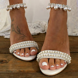 MQTIME  -  New Block Heel Sandals Summer Wedding White Mid Heel Pearl String Open Toe Plus Size Strappy Sandals