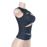 MQTIME  -  Casual Denim Crop Top Women Slim Hollow Out O-neck Vest Female Sleeveless Summer Stylish Tops Lady High Street Cool Club Party