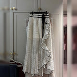 MQTIME  -  White Polka Dot French Style Skirt Women Summer Tie Front Midi Asymmetrical Ruffle Hem Designer Dress