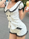  MQTIME  -  Summer Lace Patchwork Peter Pan Collar Short Sleeve Single Breasted Polka Dot Print Women Shirt