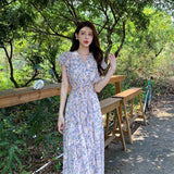 MQTIME  - Summer French Style Sweet Tight Waist Chiffon Long Dress Holiday Style First Love Fairy Ruffled Printed Dress