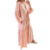 MQTIME  -  V Neck Beach Dress Long-sleeved Soft Pink Maxi Dress Femme Cotton and Linen Boho Dress Chic Solid Color Ruffled Robes