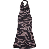 ﻿ MQTIME  -  Women Sexy Zebra Stripes Print Bodycon Maxi Party Dress Swinging Collar Sleeveless Halter Backless Slim Clubwear Long Robe