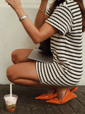 MQTIME  -  Loose Women Knitted Stripe Contrast Dress Polo Neck Casual Commuter Female Short Pullover Knit Dress Elegant Office Vestidos