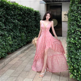 MQTIME  -  Chic Backless Maxi Dresses Women Print Sexy V Neck Suspender Irregular Ruffles Vestidos Beach Vacation Elegant Dresses