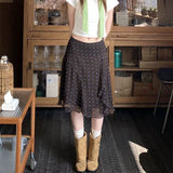 MQTIME  -  Vintage Brown White Polka Dot Chiffon Midi Skirts Women New High Waist Irregular Ruffle Layered Flowy A Line Casual Ankle Skirts