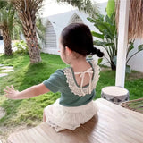 MQTIME  -  Girls' T-shirt backless lace short sleeved Top Summer Children's cotton all-match casual Tees