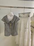  MQTIME  -  Summer French Vintage Plaid Print Peter Pan Collar Short Sleeve Single Breasted Women Shirt