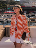  MQTIME  -  Women Orange White Vertical Stripe Shirt Lapel Collar Long Sleeve Cuff Tie Loose Pocket Front Shirts Lady Oversize Casual Blouse