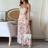 MQTIME  -  Bohemian Off Shoulder High Waist Long Dress Elegant Strapless Split Holiday Dress Fashion Floral Print Folds Women's Party Dress