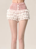 MQTIME  -  Pink Pearl Ruffles Shorts Skirts Women Kawaii A-line Shorts with Lace Ballet Cutecore Summer Sweet Girl Elastic Bottoms