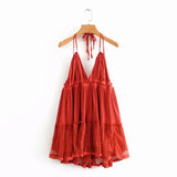 MQTIME  -  Sexy Backless Lace Halter Dress Summer femme V Neck Mini Party Dress Ruffle Lace Up Back Beach Sundress