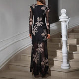MQTIME  -  Slim European and American Autumn Fashion Sand Color Floral Pattern Elegant Print Long Women's Dress