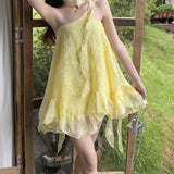 MQTIME  -  Yellow Irregular Neck Slanted Shoulder Dress Seaside Vacation Small Beach Puffy Skirt