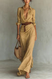 MQTIME  -  Women's Fashion Solid Holiday Party Dress Elegant Lapel Button Draped Long Dress Casual Long Sleeve Match With Belt Shirt Dress