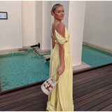 MQTIME  -  ﻿ Elegant Women's Butter Yellow Maxi Dress Off-Shoulder  Plunge Ruched Waist Side Cutout High Side Slit Formal Evening Party Gown