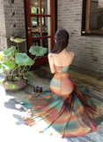 MQTIME  -  Summer Trend Fashion Color Contrast Design Print Embellishment Mesh Material Breathable and Cool Fishtail Hem Slip Dress