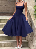 MQTIME  -  Summer New French Square Neck Women Elegant Strap Dress Simple Solid Color Female Banquet Grand Display Long Dresses
