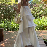 MQTIME  -   Simple Solid Color Off Shoulder Women's Long Dress 2025 New Summer Layered Cake Camisole Dress Casual High Waisted Holiday Dress