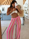 MQTIME  -  Rainbow Color Knitted Striped Pants Women Wide Leg Hollow Out Striped Loose Trousers 2025 Autumn Fashion Vacation Street Pants