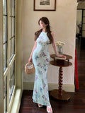 MQTIME  -  Butterfly print backless camisole dress for women's summer temperament buttocks wrapped long slim fit waist fishtail Dress