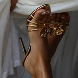 MQTIME  -  Metal Flower Cool Slippers Women's  New French Thin Strap Open Toe Empty Stiletto Sandals