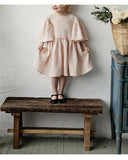  MQTIME  -  Summer Retro Linen Loose Flared Sleeve Dress Girls New Solid Color Cotton And Linen Casual Back Bow Tie Princess Dresses