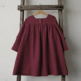 MQTIME  -  Girls' Cotton Linen Long-Sleeve Square-Neck Dress Autumn New Christmas Party Cute Ruched Loose Vintage Baby Girl Dresses
